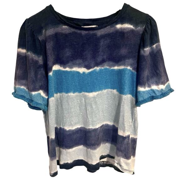Chicos Linen Top Fringe Short Sleeve Blue Watercolor Tie Dye Boho Chic Large (2) - Picture 1 of 5